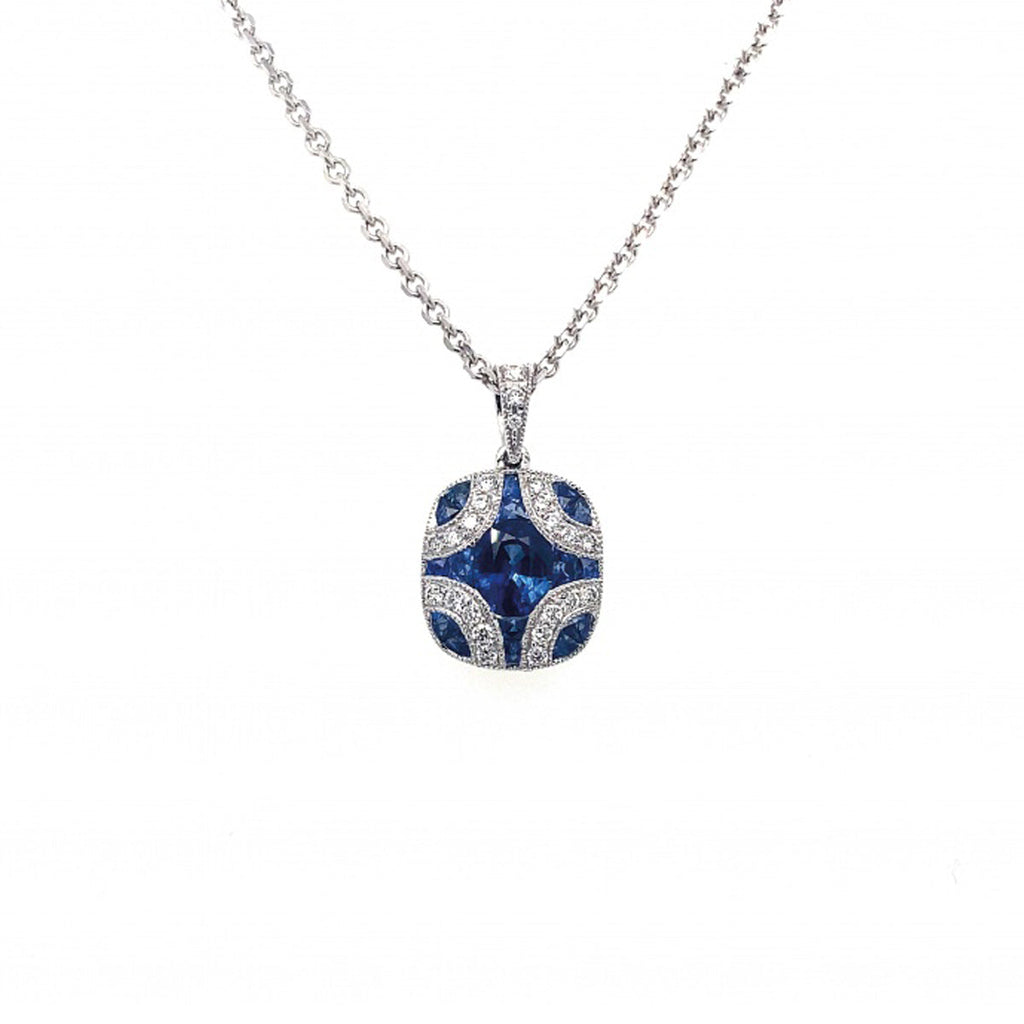 18ct White Gold Sapphire and Diamond Art Deco Pendant 1.56ct BALDWIN Jewellery