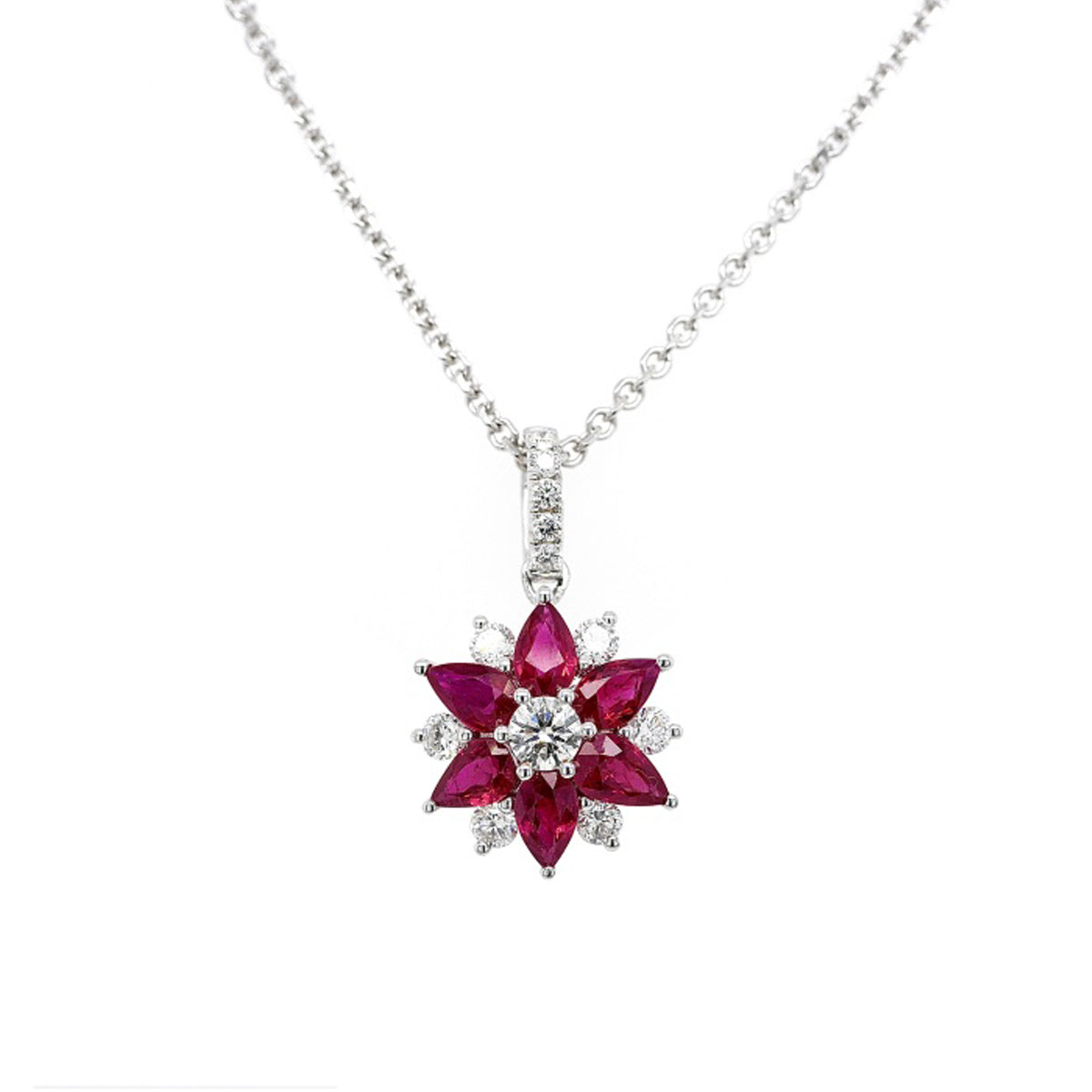 18ct White Gold Ruby Diamond Flower Pendant