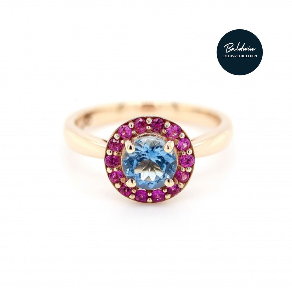 18ct Rose Gold Aquamarine and Pink Sapphire Ring Baldwin
