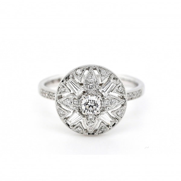 18ct White Gold Diamond Round Art Deco Ring 0.52ct