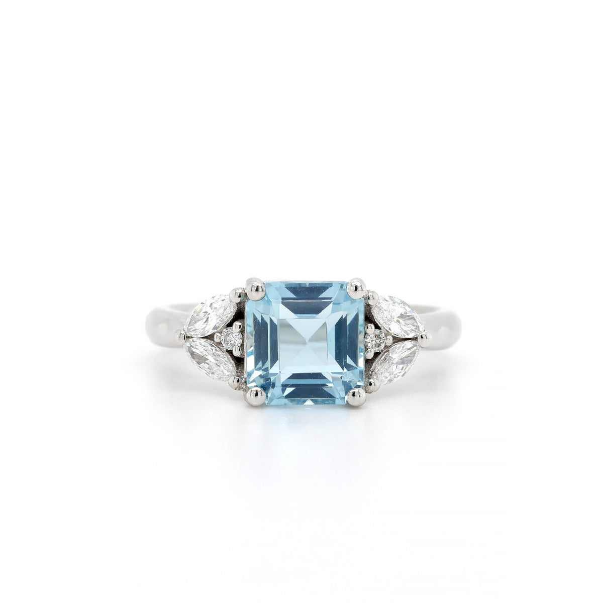 Platinum Asscher-Cut Aquamarine and Diamond Leaf Shoulder Ring
