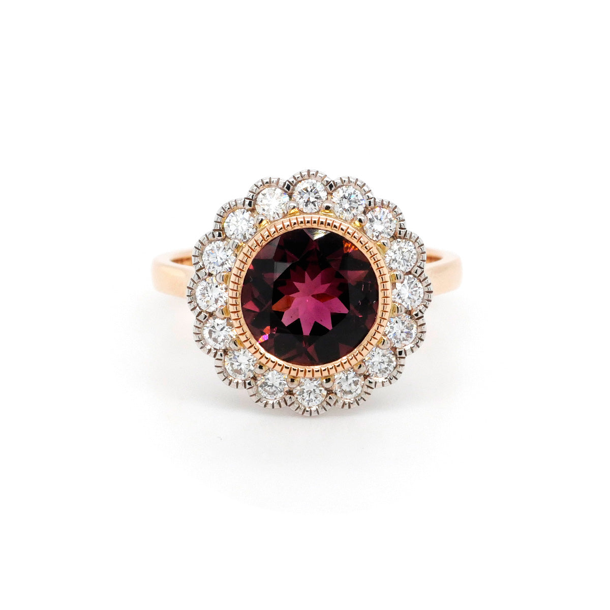 18ct Yellow and White Gold Pink Tourmaline and Diamond Cluster Ring