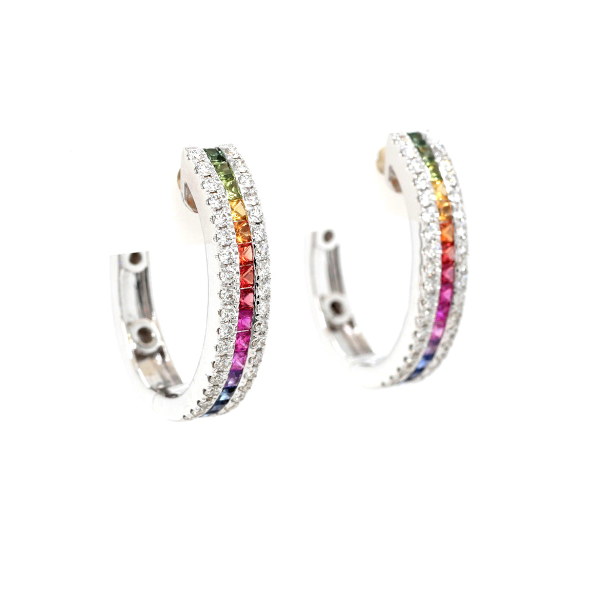 18ct White Gold Rainbow Sapphire and Diamond Hoop Earrings