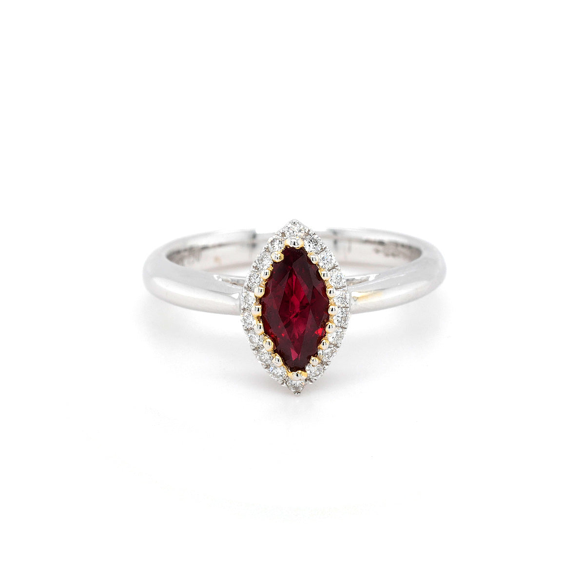 18ct White Gold Marquise Cut Ruby & Diamond Ring - Size M
