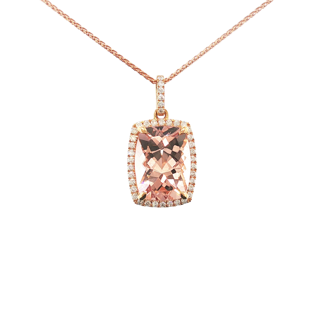 18ct Rose Gold Cushion-Cut Morganite and Diamond Halo Pendant