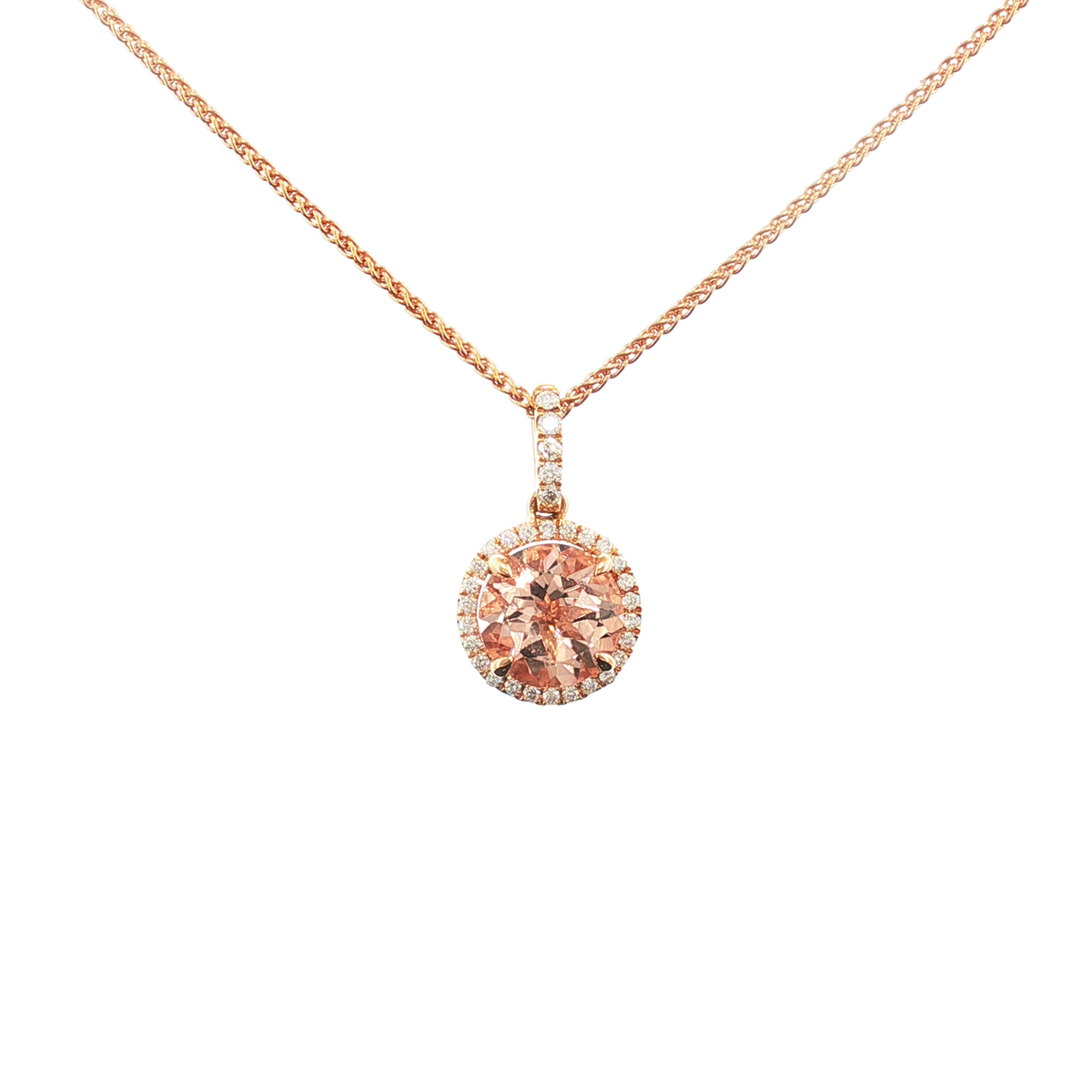 18ct Rose Gold Round Morganite and Diamond Halo Pendant