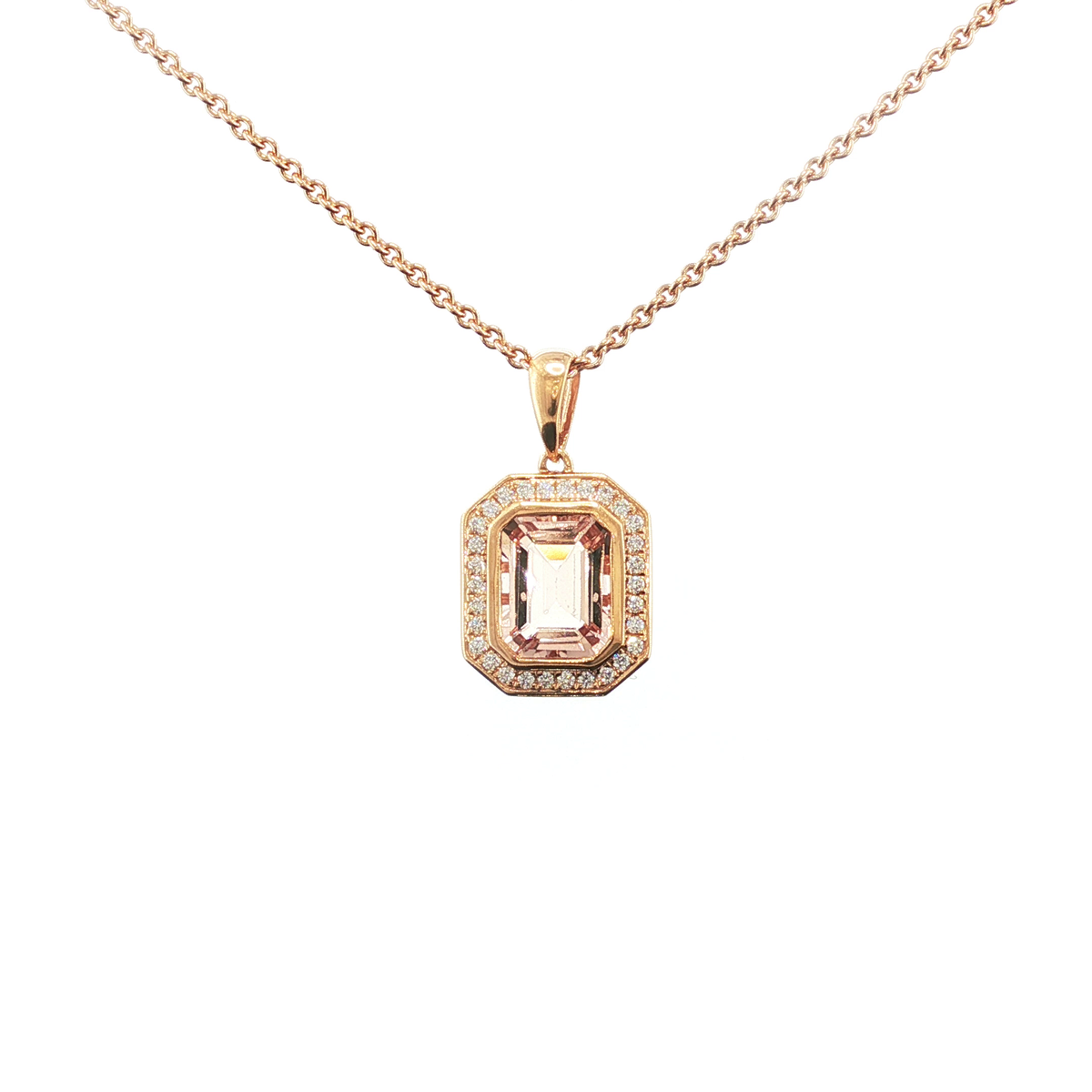 18ct Rose Gold Emerald Cut Morganite and Diamond Halo Pendant