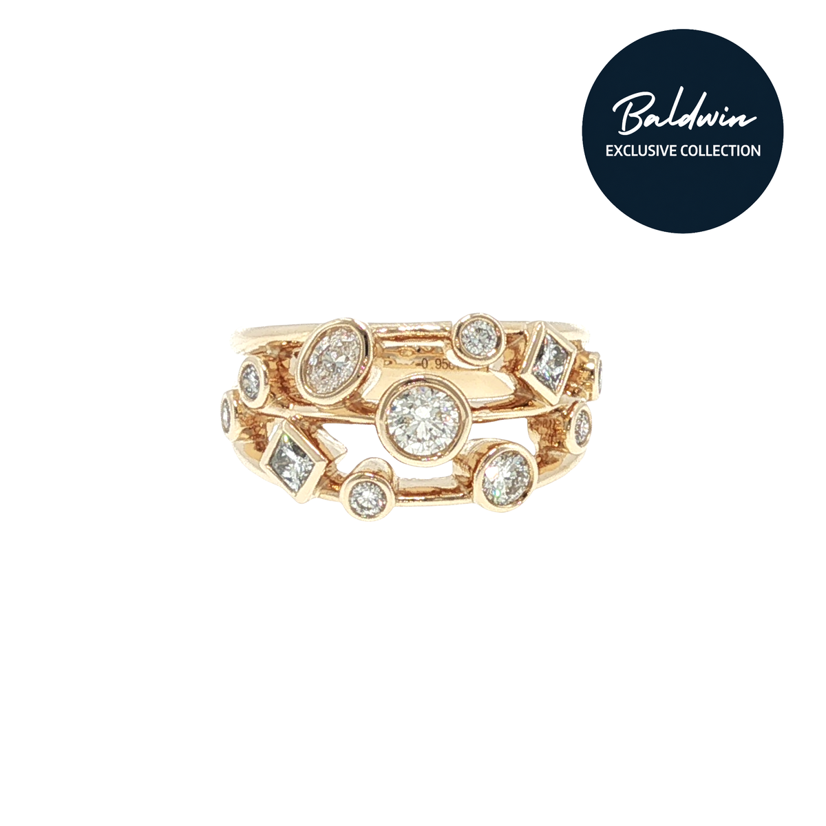 9ct Yellow Gold Three Row Ring with Mixed-Shape Diamonds 0.95ct James Baldwin Exclusive Collection