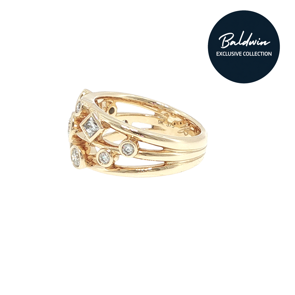 9ct Yellow Gold Three Row Ring with Mixed-Shape Diamonds 0.95ct James Baldwin Exclusive Collection