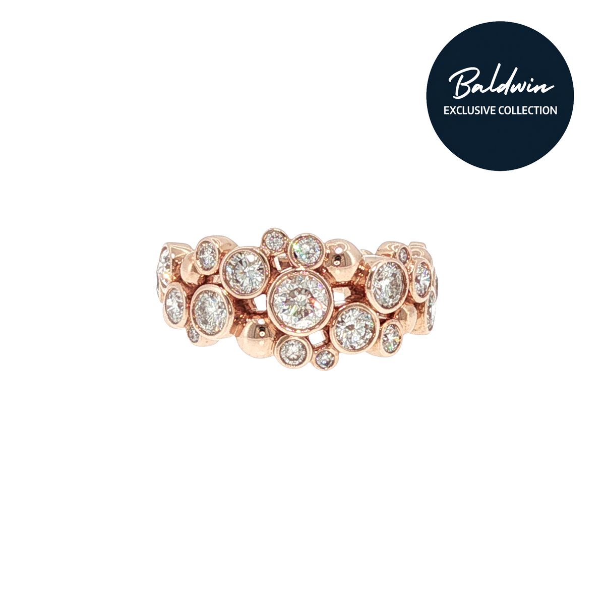 9ct Rose Gold Rubover-Set 1.73ct Diamond Bubble Ring James Baldwin Exclusive Collection, Effervescence