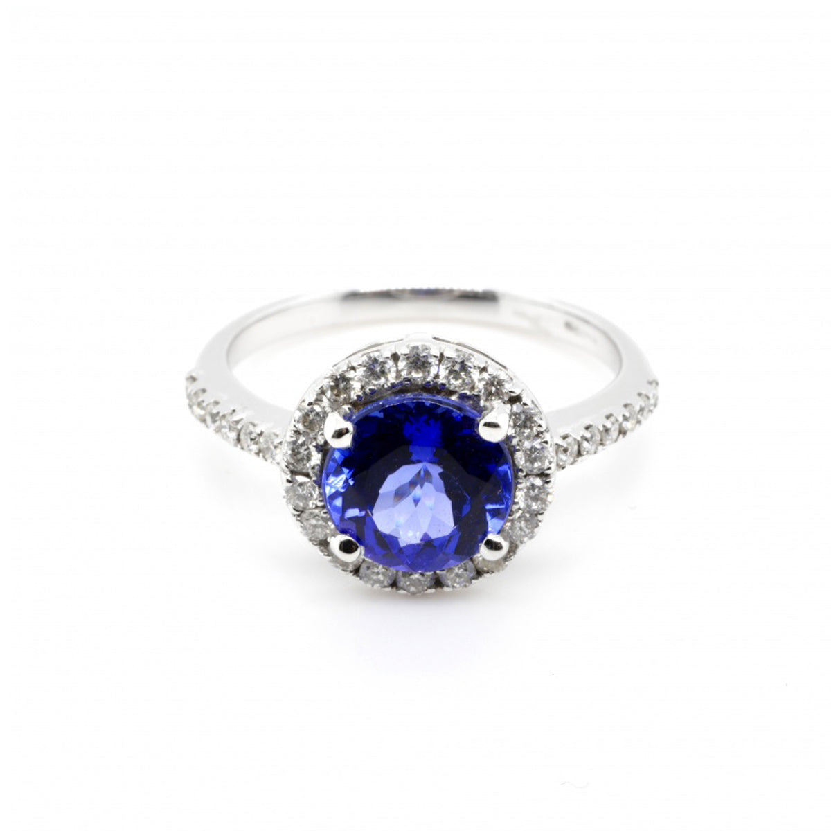 18ct White Gold Diamond Halo & Blue Tanzanite Solitaire Ring - Size N