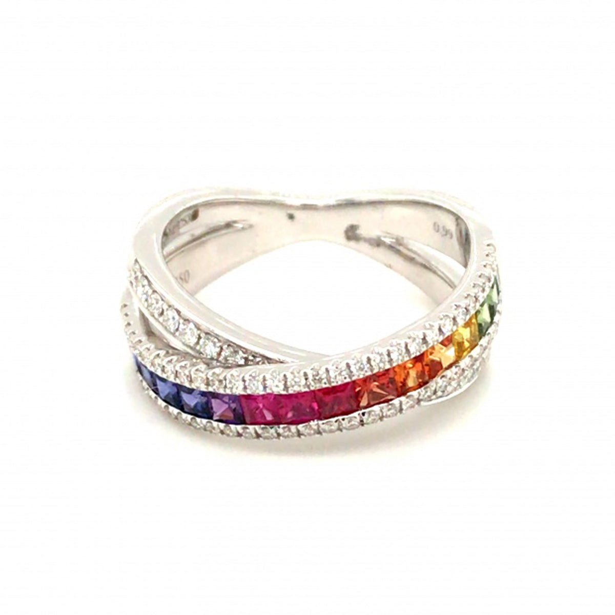 18ct White Gold Multi-coloured Sapphire & Diamond Crossover Ring - Size M