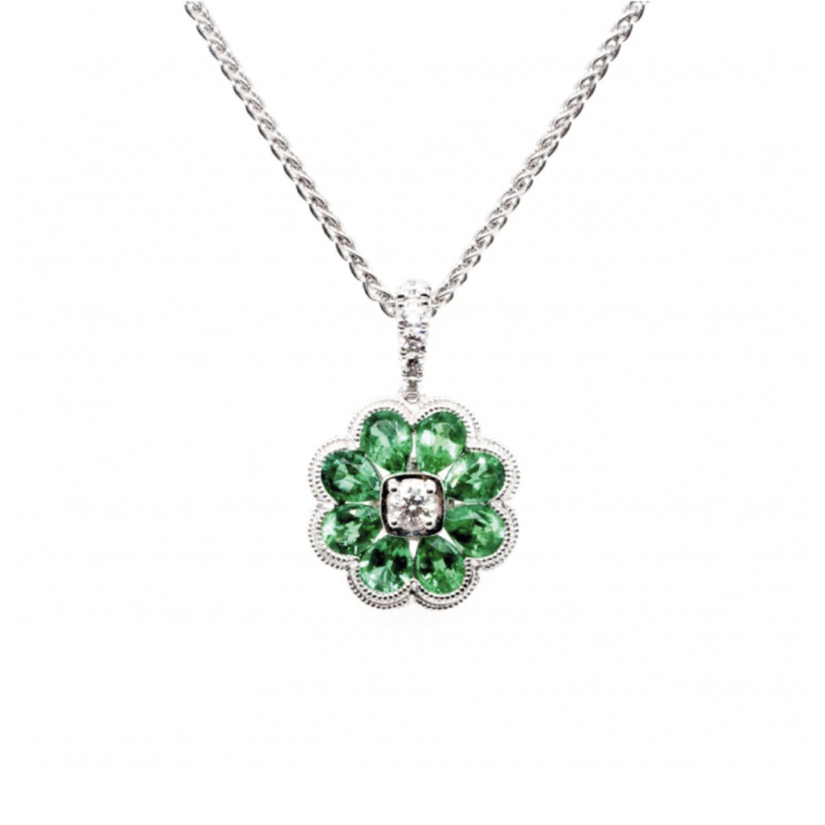 18ct White Gold Emerald & Diamond Pendant
