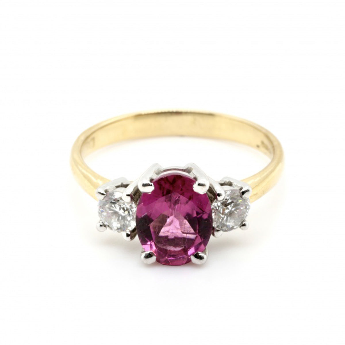 18ct Yellow Gold 1.08ct Pink Tourmaline & 0.40ct Diamond 3 Stone Ring - Size N