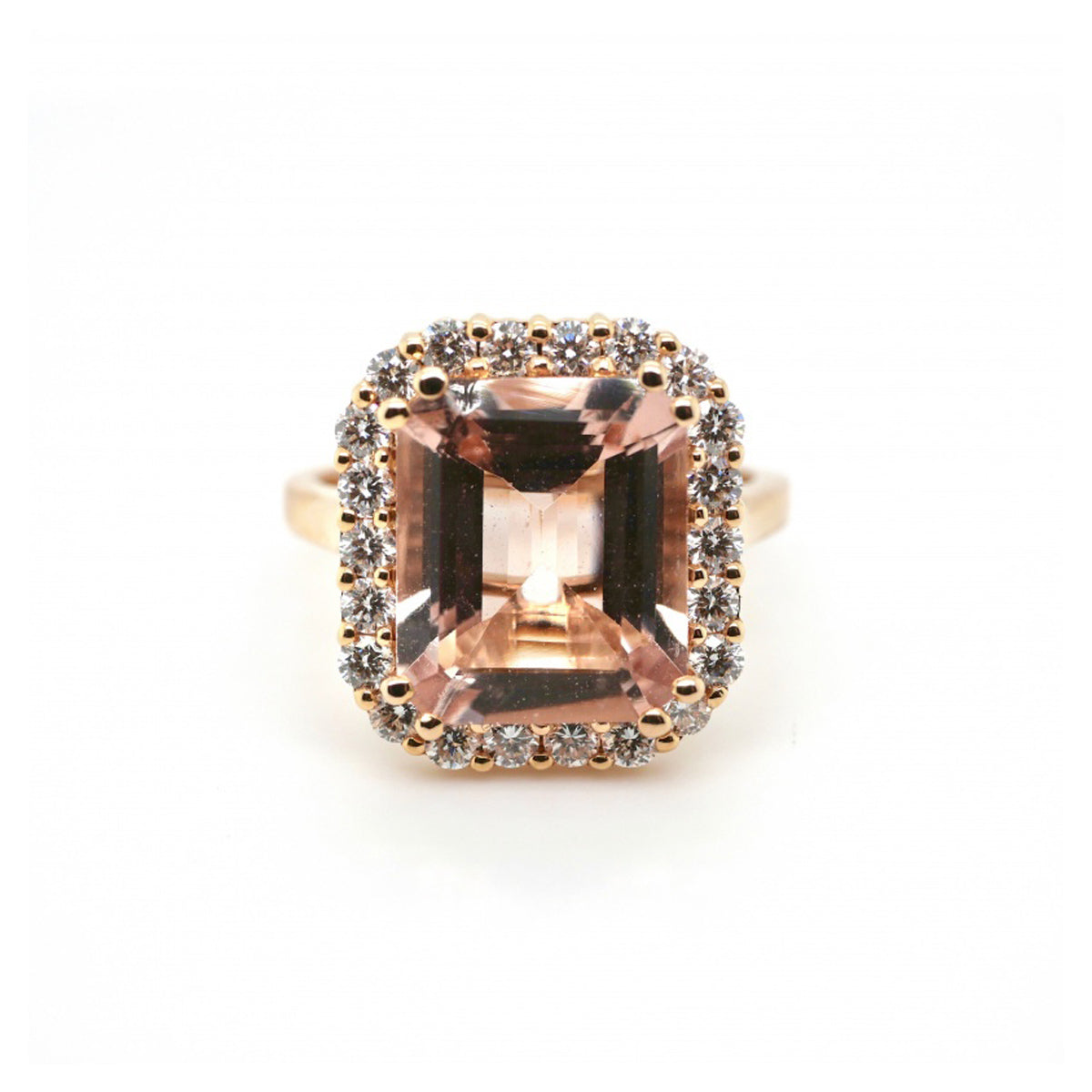 18ct Rose Gold Morganite & Diamond Halo Ring 4.82ct - Size N