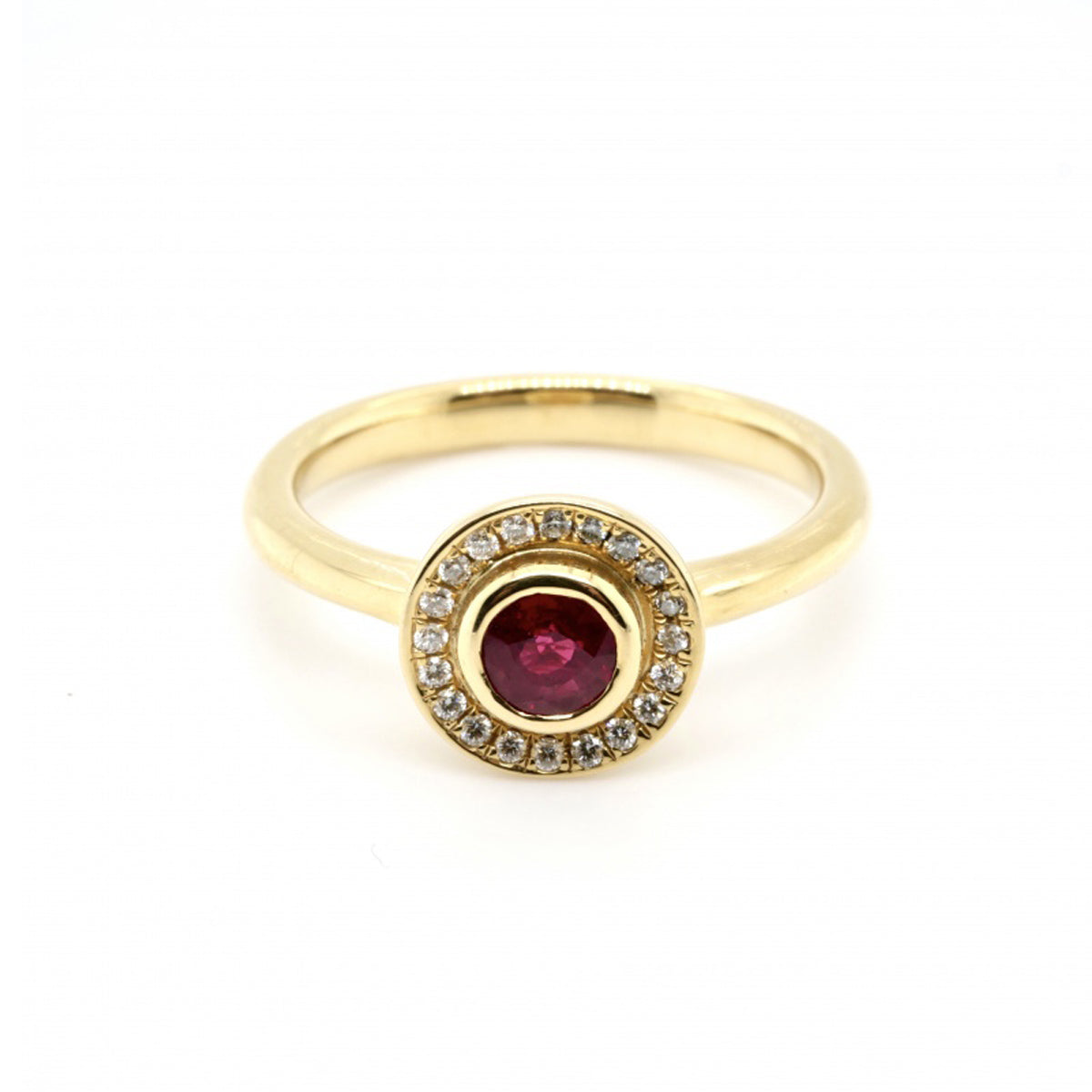 18ct Yellow Gold Ruby and Diamond Halo Ring