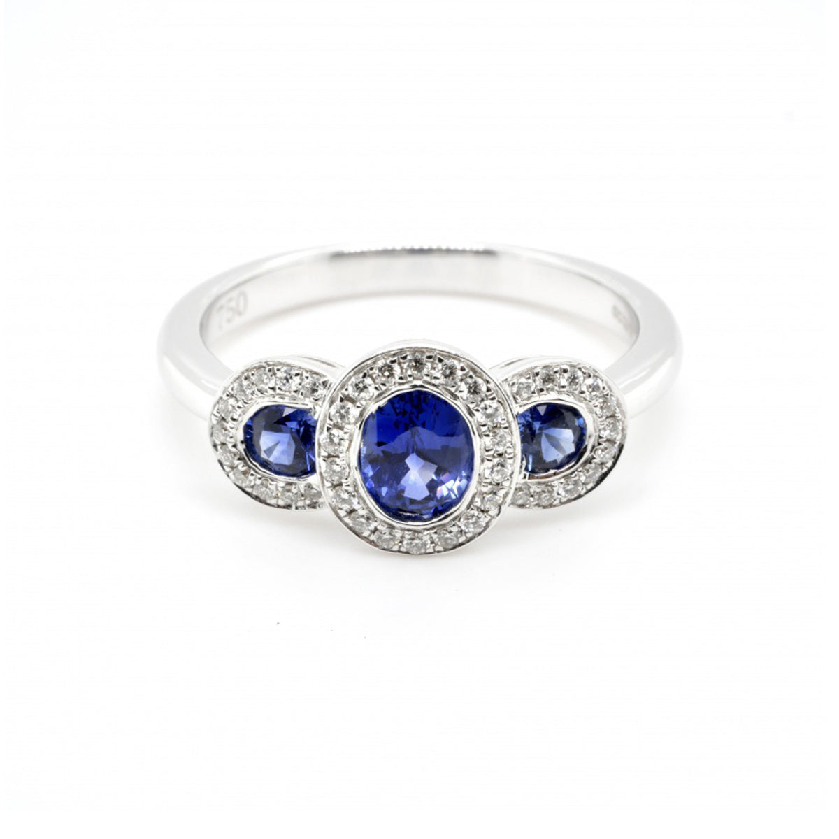 18ct White Gold Sapphire Diamond 3-Stone Halo Ring