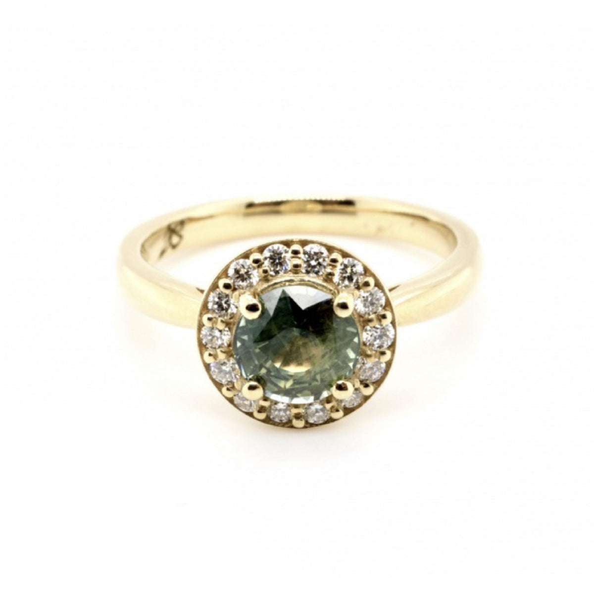 18ct Yellow Gold Teal Sapphire & Diamond Halo Ring