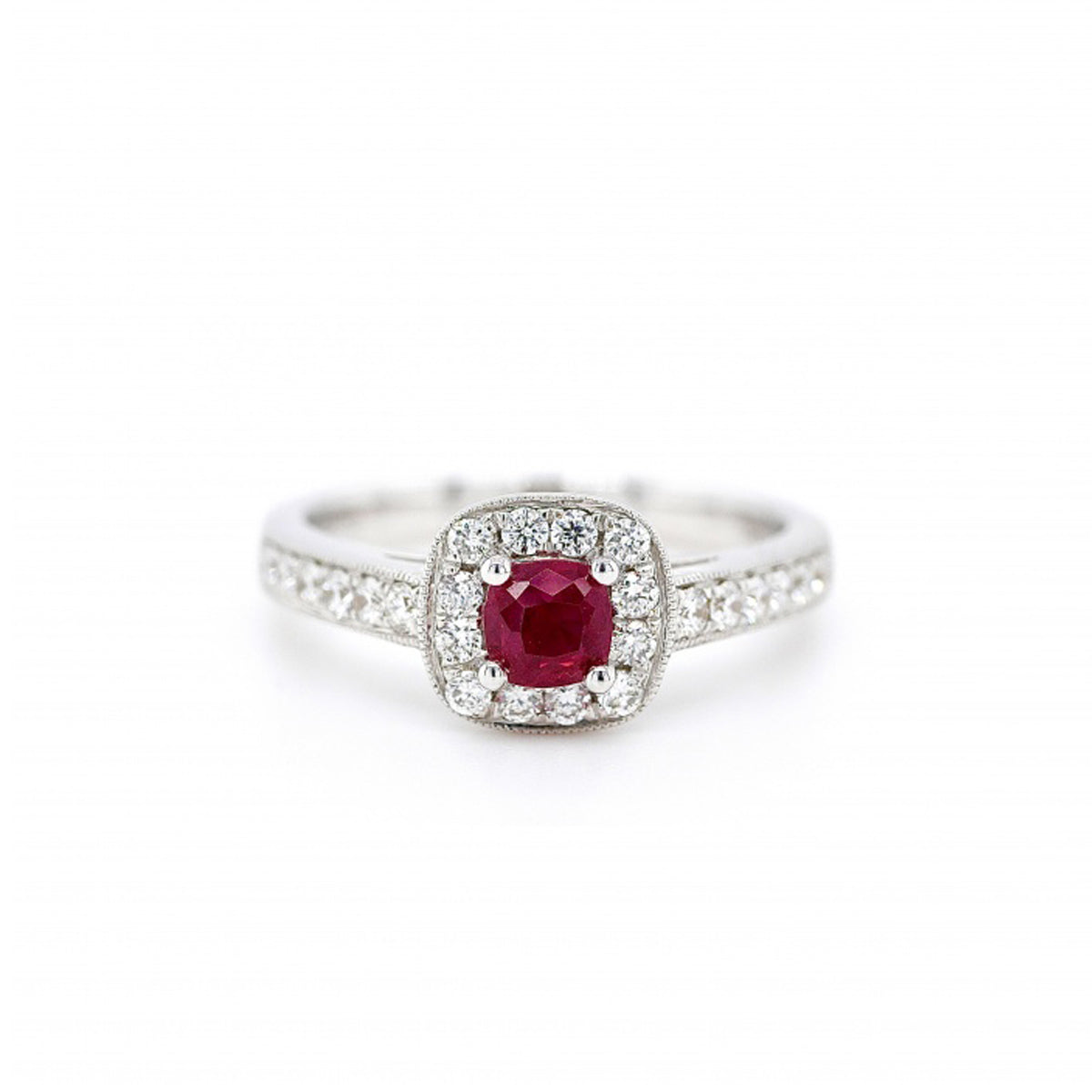 18ct White Gold Cushion-cut Ruby and Diamond Ring