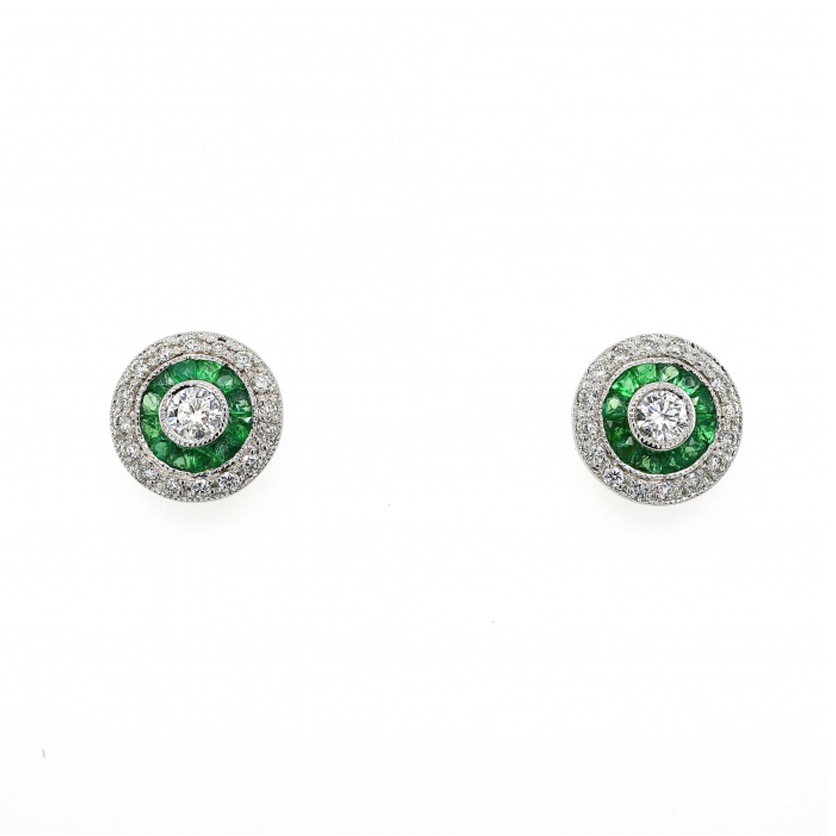 18ct White Gold Emerald & Diamond Art Deco Stud Earrings
