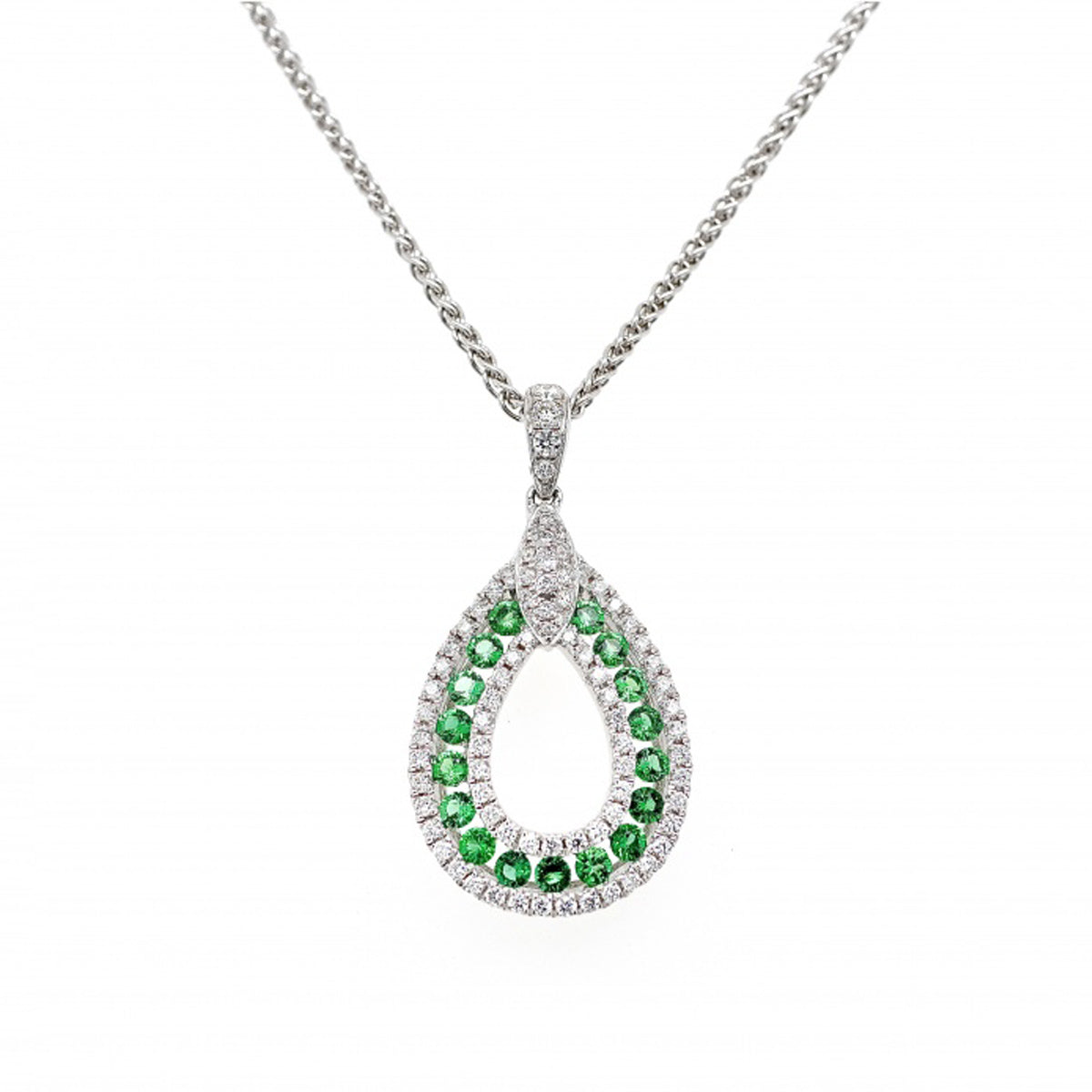 18ct White Gold Emerald and Diamond Open Teardrop Pendant