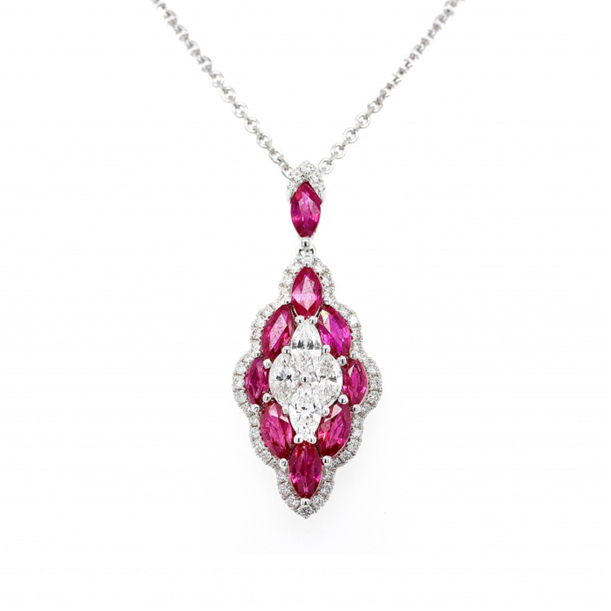 18ct White Gold Ruby Marquise Diamond Pendant