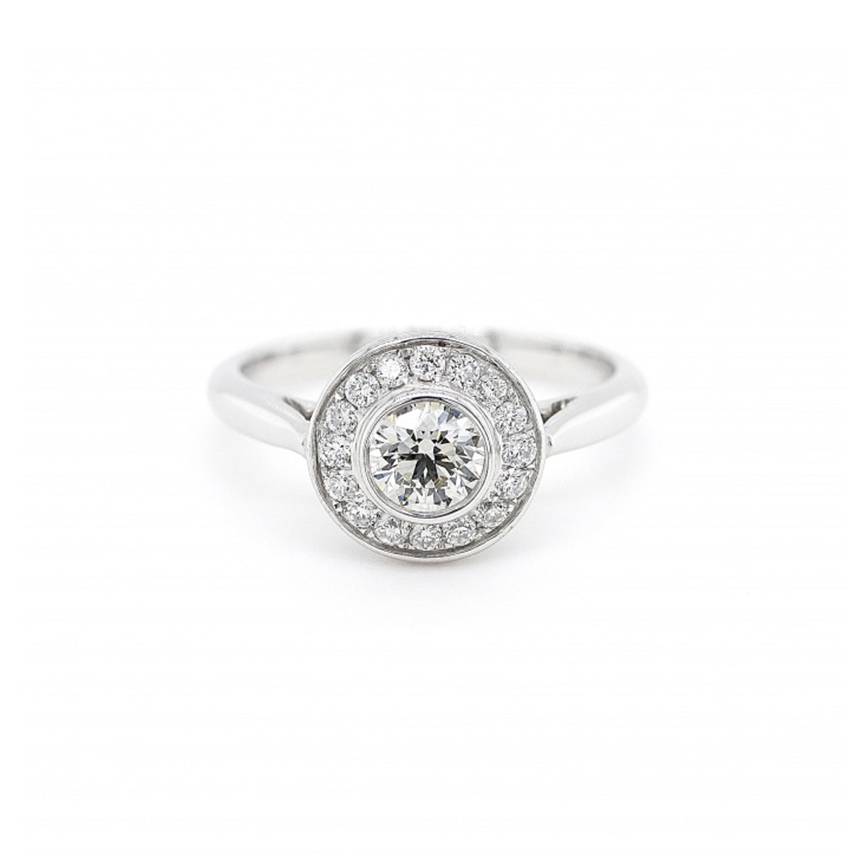 18ct White Gold Rubover Halo Diamond Ring