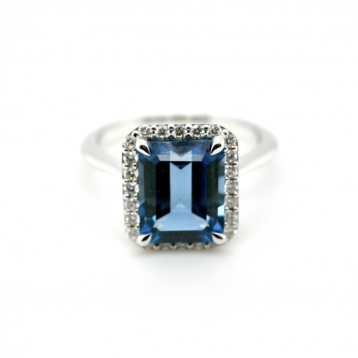 18ct White Gold Blue Topaz & Diamond Square Halo Ring - Size M