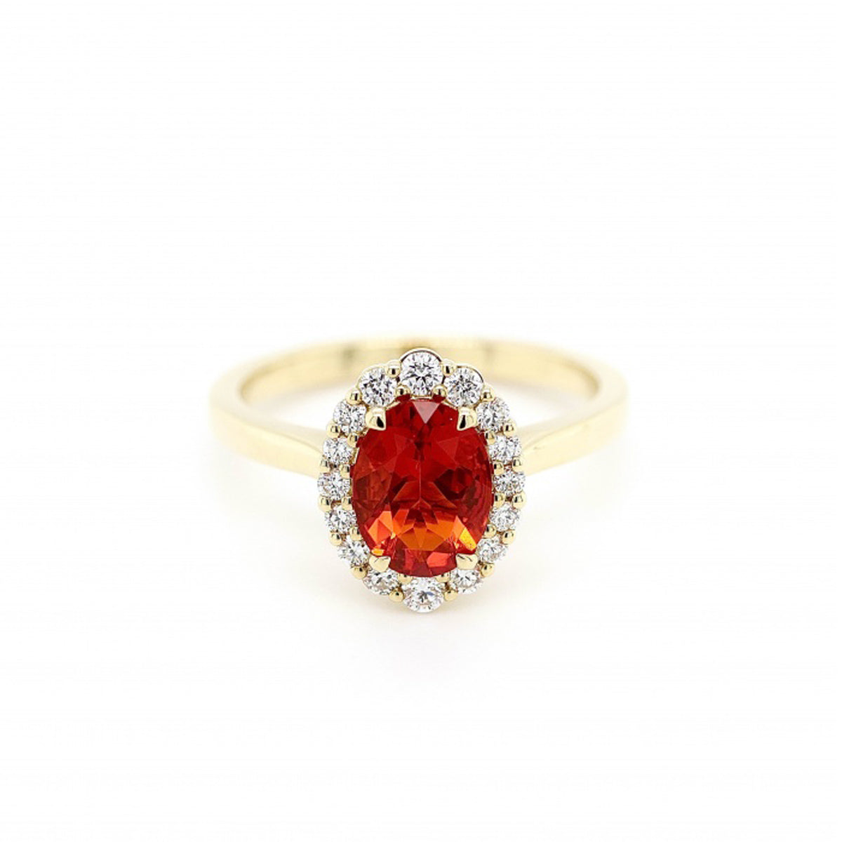 18ct Yellow Gold Fire Opal and Diamond Halo Ring