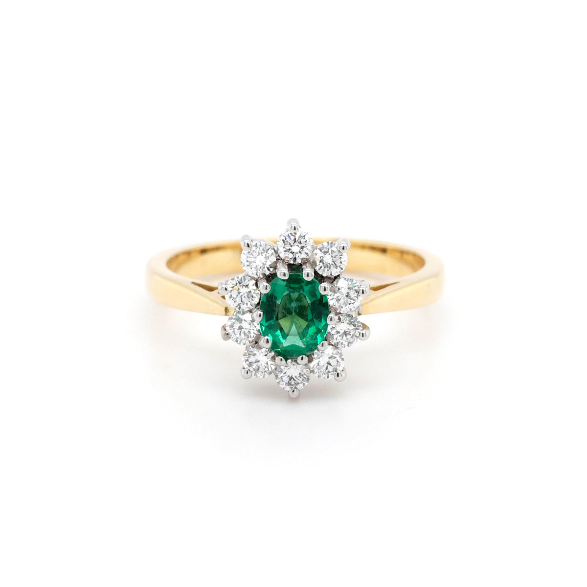 18ct Yellow & White Gold Emerald & Diamond Cluster Ring - Size M