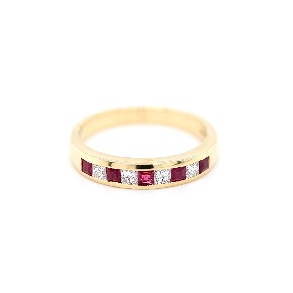 18ct Yellow Gold Ruby & Diamond Half Eternity Princess Cut Ring - Size N