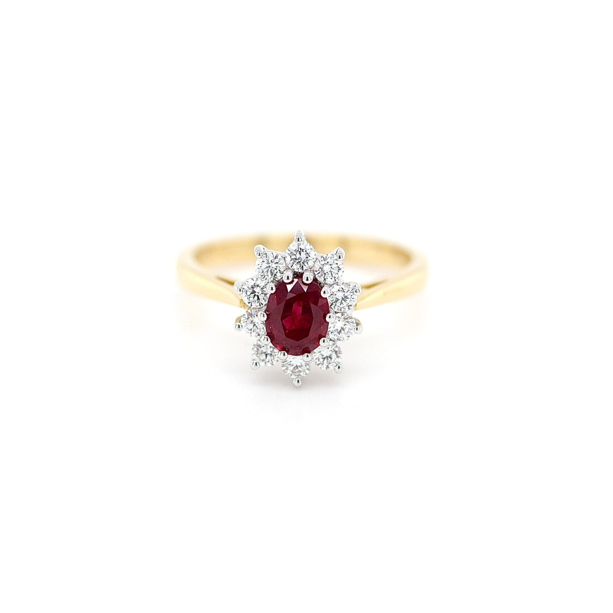 18ct Yellow & White Gold Ruby & Diamond Cluster Ring - Size M