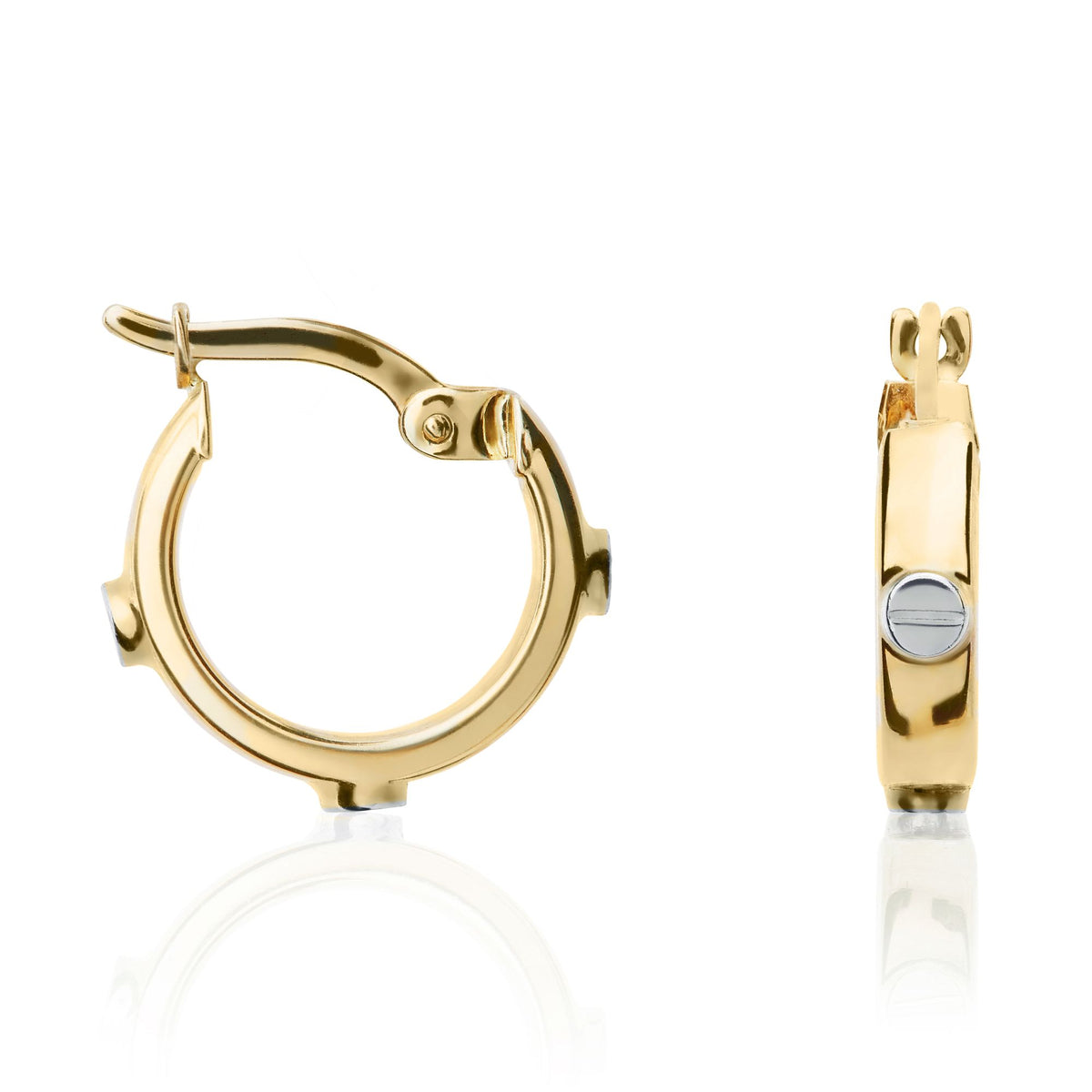 9CT Yellow Gold Square Profile Hoop Earrings With White Gold Screw MOTIFS.13MM Outer Diameter
