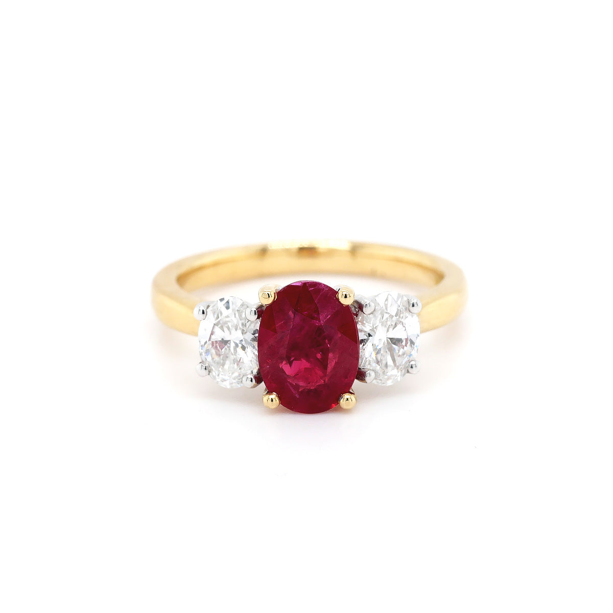 18ct Yellow Gold 1.57ct Ruby & 0.76ct Diamond 3-Stone Ring - Size N