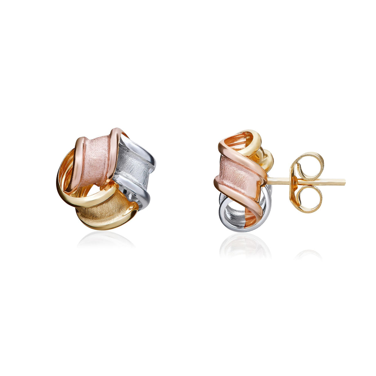 9CT Yellow, White And Rose Gold Frosted And Polished Ribbon Knot Stud Earrings 7.5MM