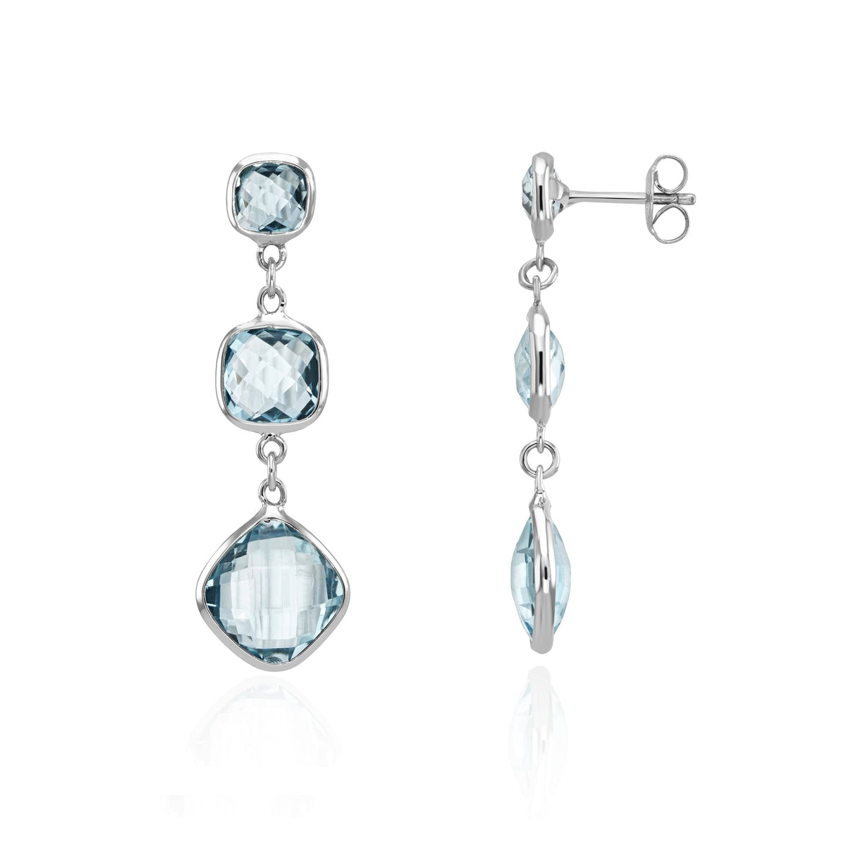 9CT White Gold Checkerboard Cushion Swiss Blue Topaz 3ST Drop Earrings