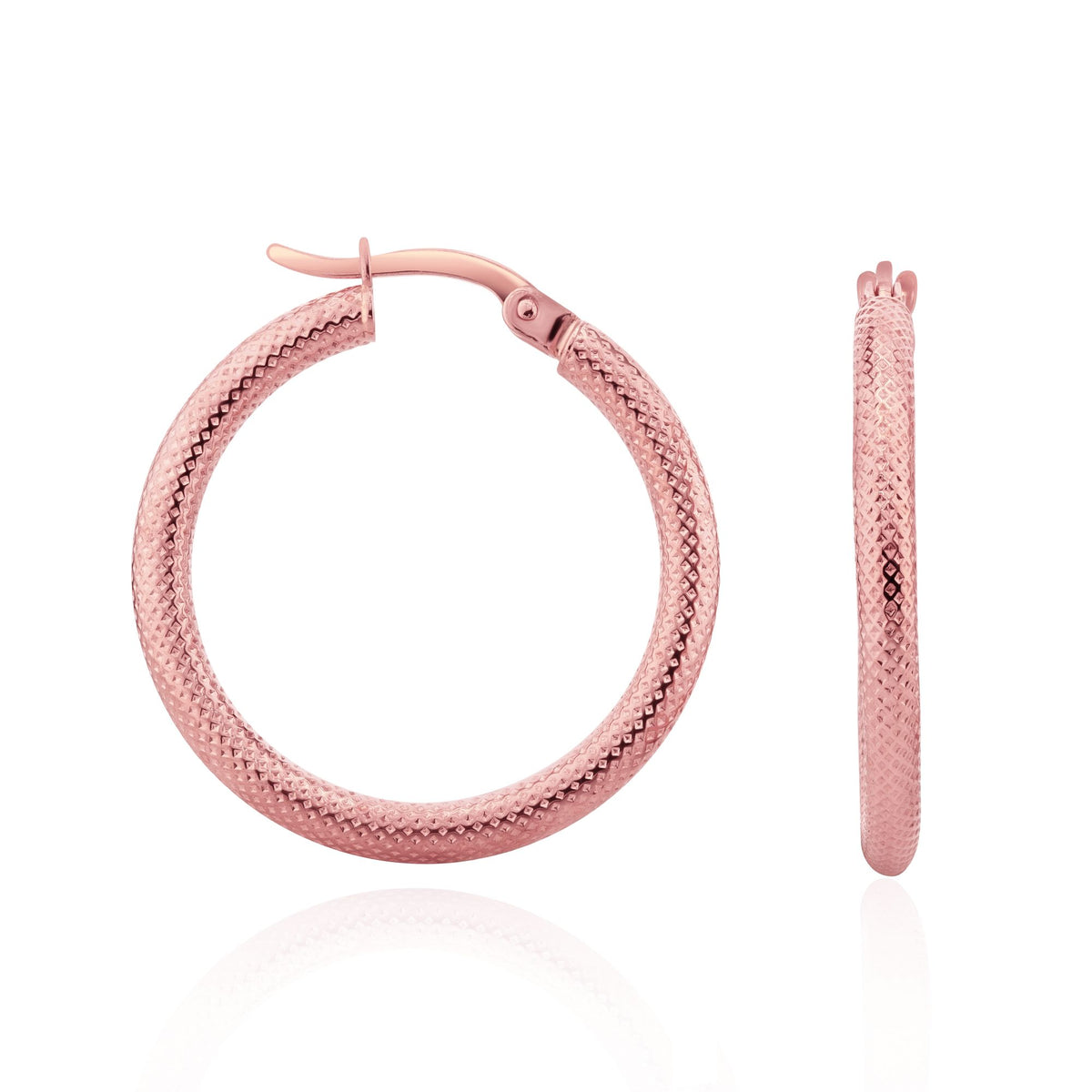 9CT Rose Gold Stippled Round Hoop Earrings. 25MM Outer Diameter