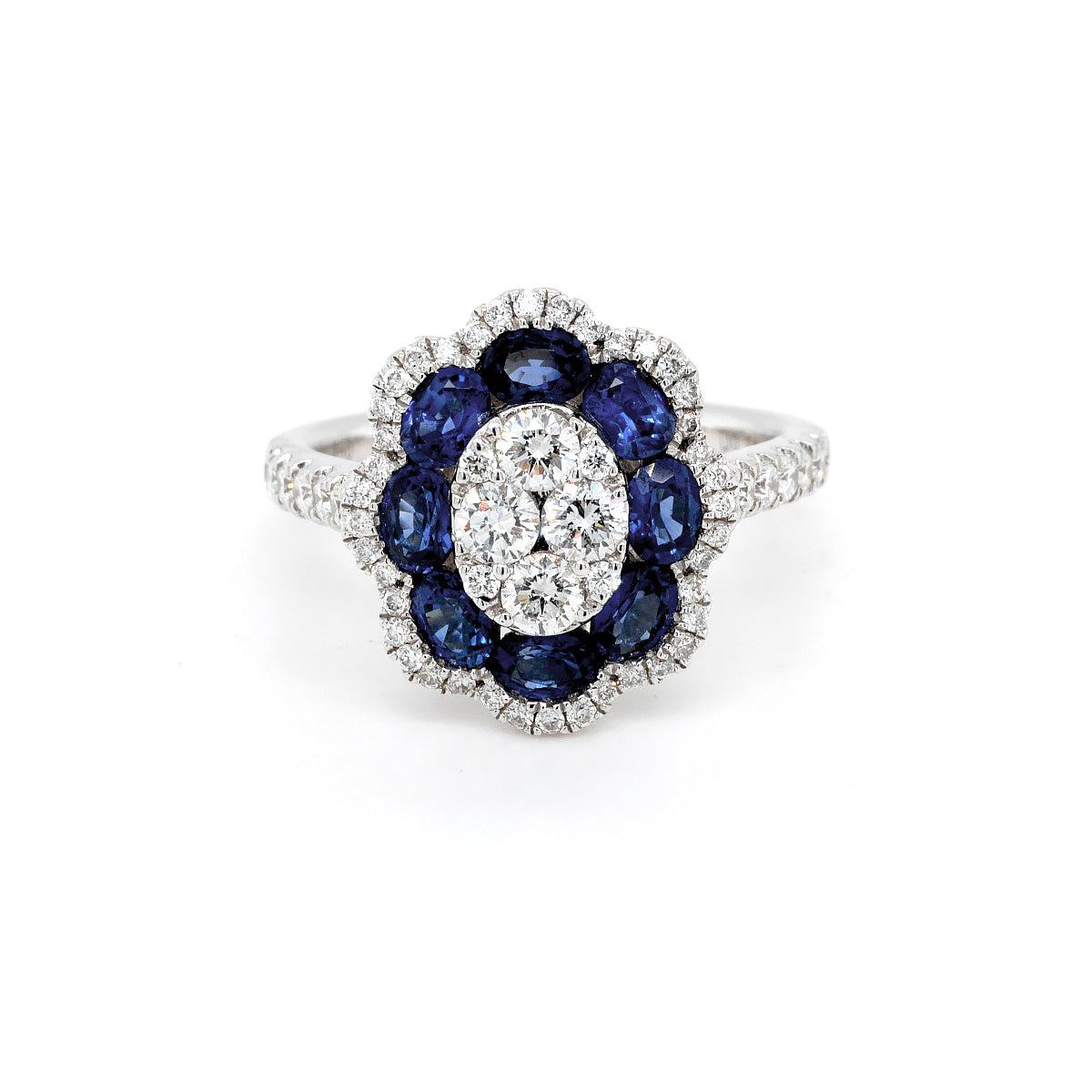 18ct White Gold Sapphire & Diamond Flower Halo Ring