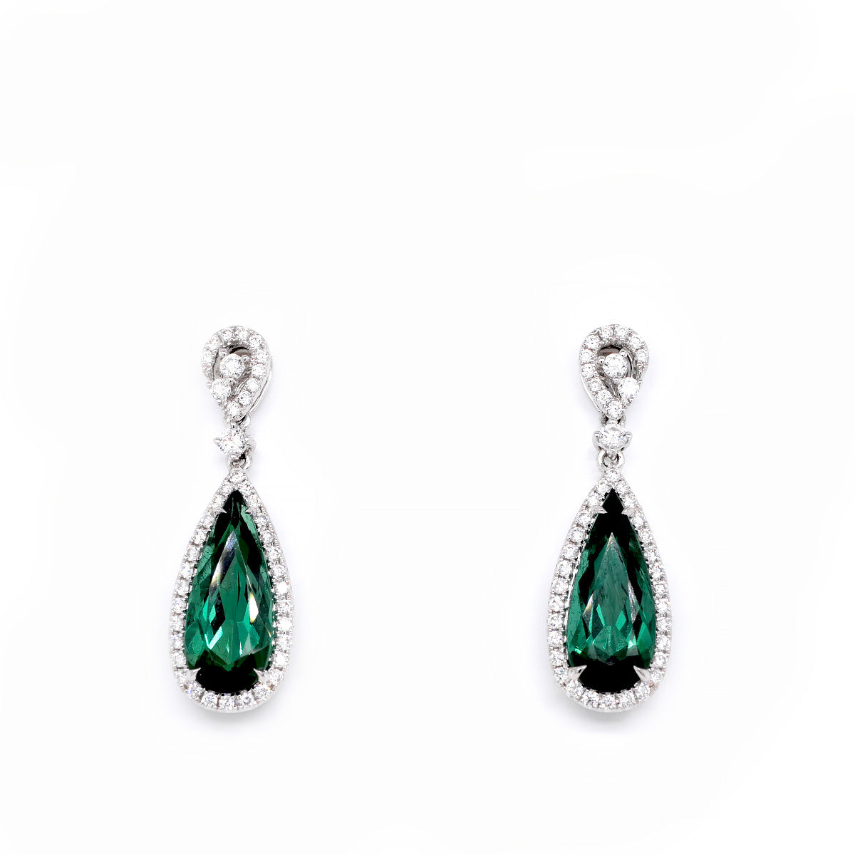 18ct White Gold Green Teardrop Tourmaline and Diamond Drop Earrings with 0.41ct Diamonds