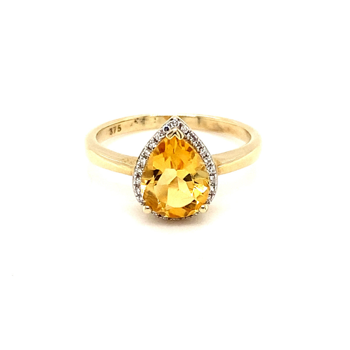 9ct Yellow Gold Teardrop Citrine & Diamond Halo Ring