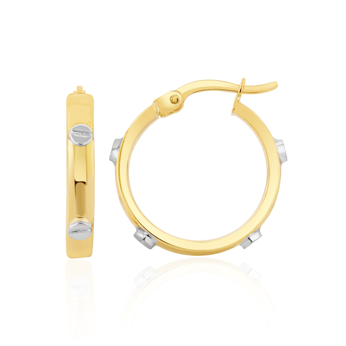 9CT Yellow Gold Square Profile Hoop Earrings With White Gold Screw Motifs. 18MM Outer Diameter