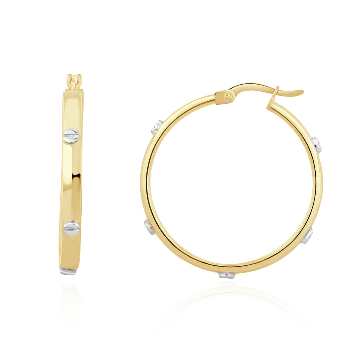 9CT Yellow Gold Square Profile Hoop Earrings With White Gold Screw Motifs. 28MM Outer Diameter