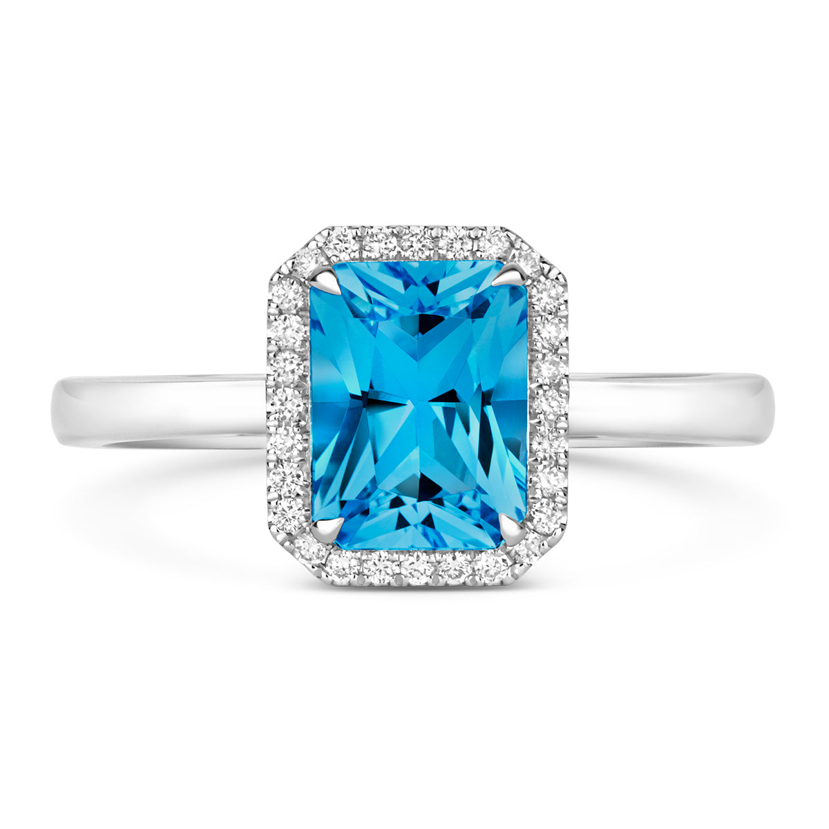 TIVON 18ct White Gold Emerald Cut Blue Topaz and Diamond Ring