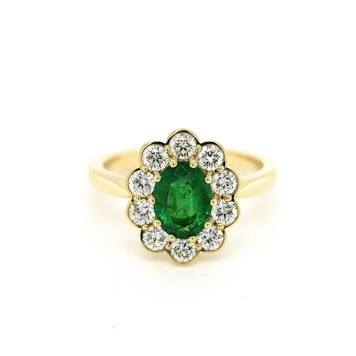 18ct Yellow Gold Emerald and Diamond Flower Halo Ring