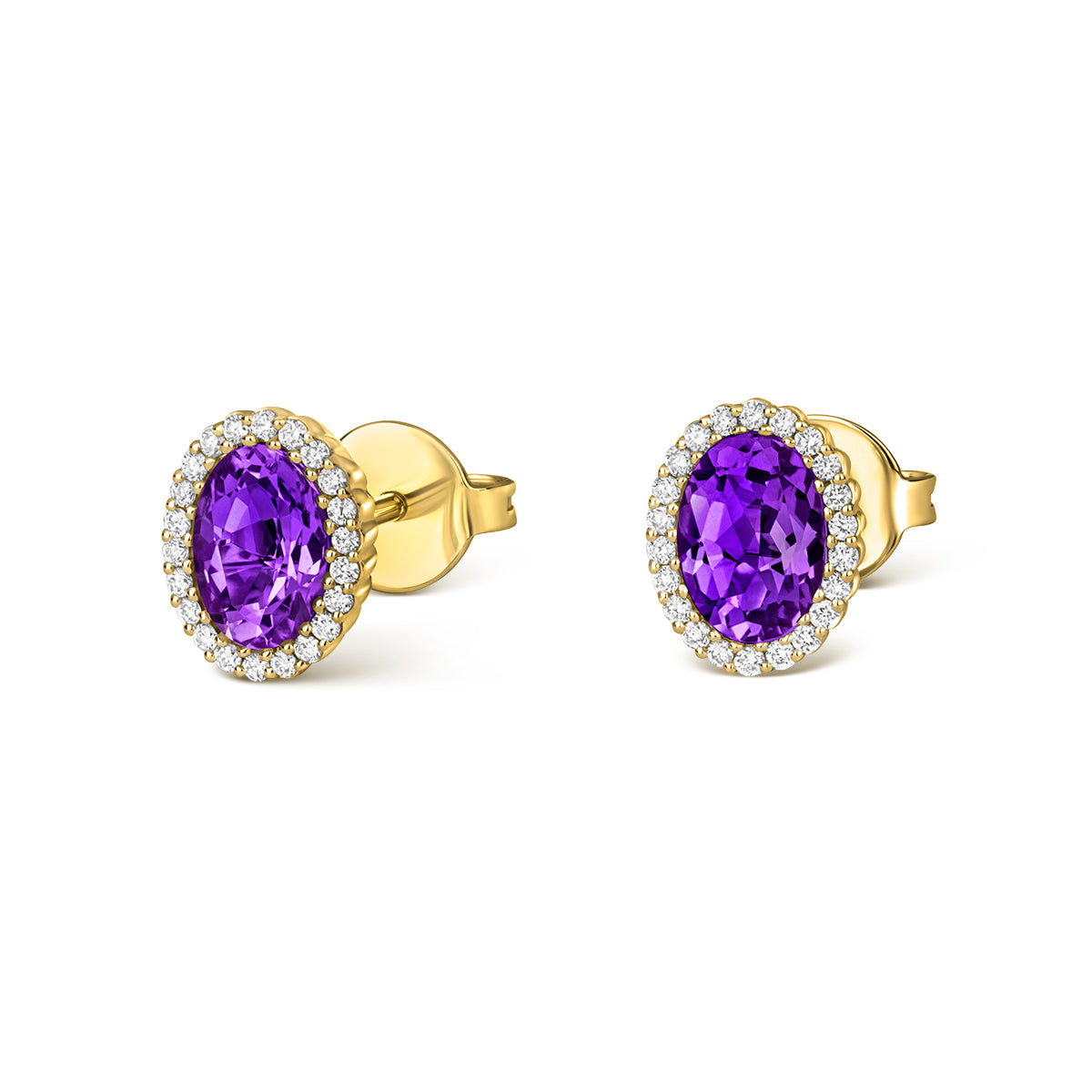 TIVON 18ct Yellow Gold Oval Cut Amethyst and Diamond Earrings