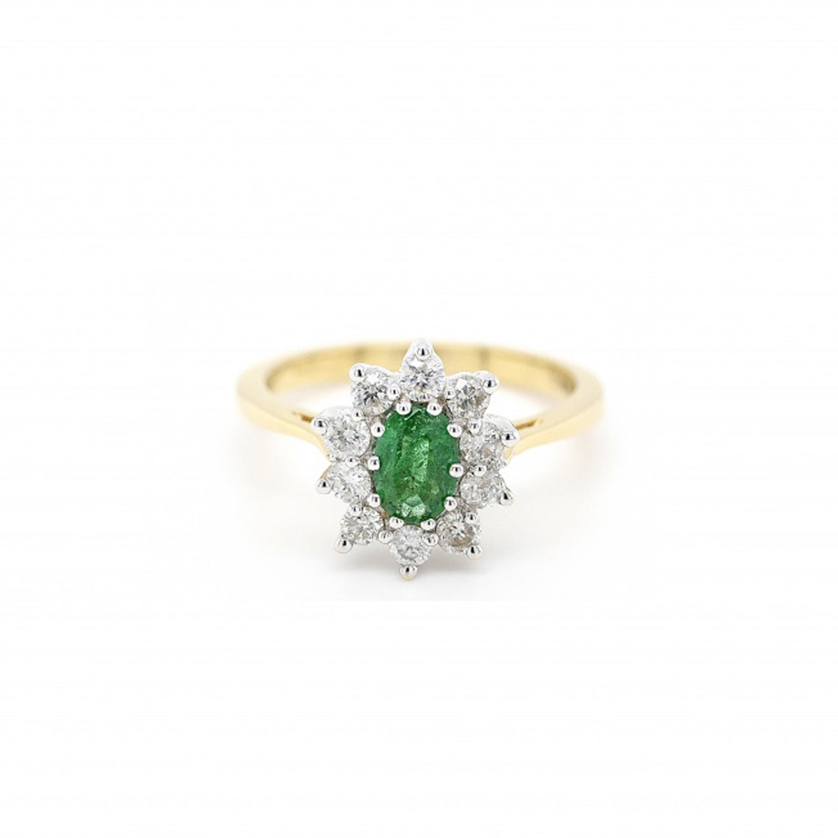 18ct Yellow & White Gold Emerald & Diamond Cluster Ring - Size N.5