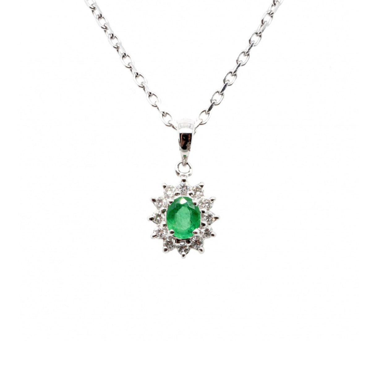 18ct White Gold Emerald & Diamond Cluster Pendant
