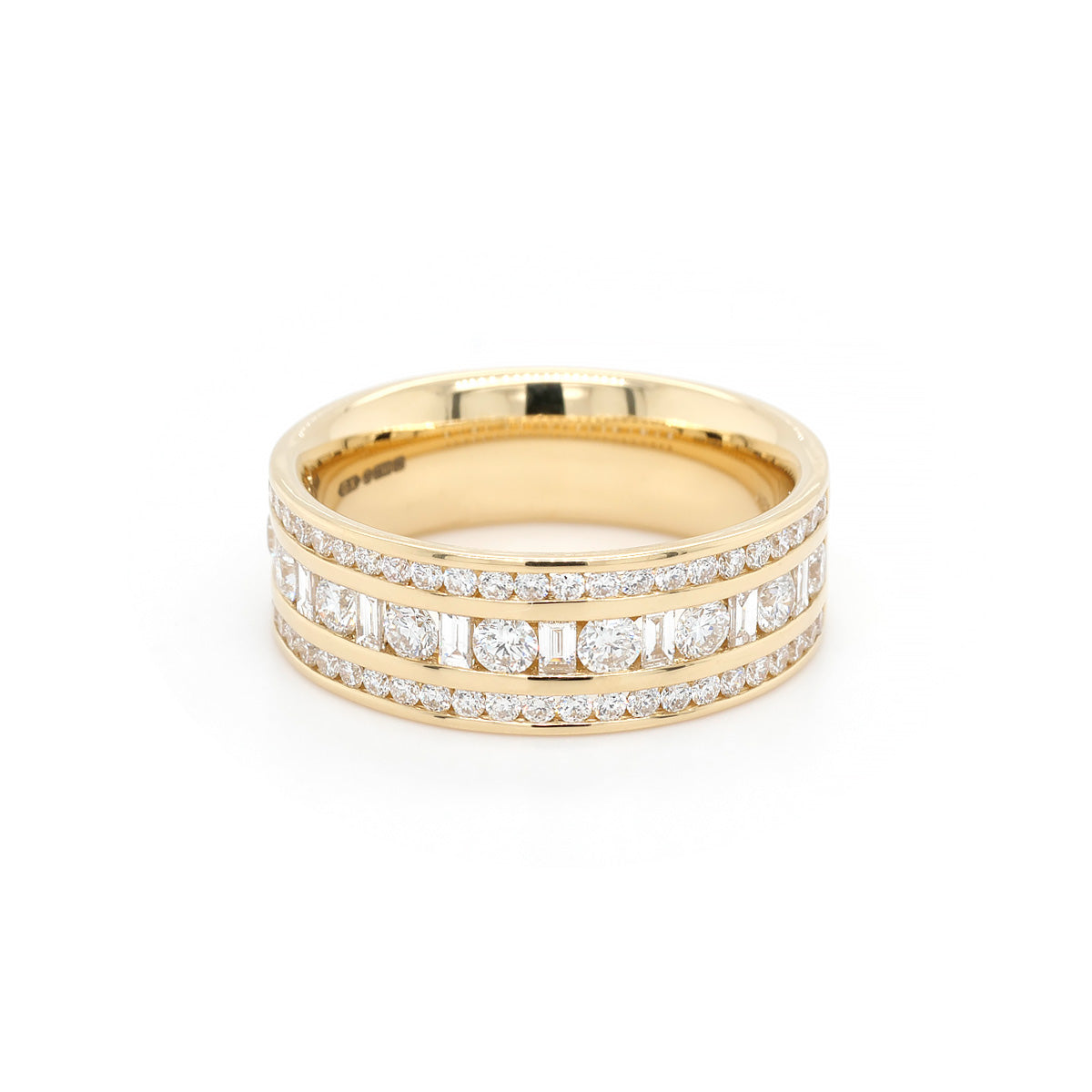 18ct Yellow Gold Mixed Cut Round and Baguette Cut 3 Row Diamond Eternity Ring