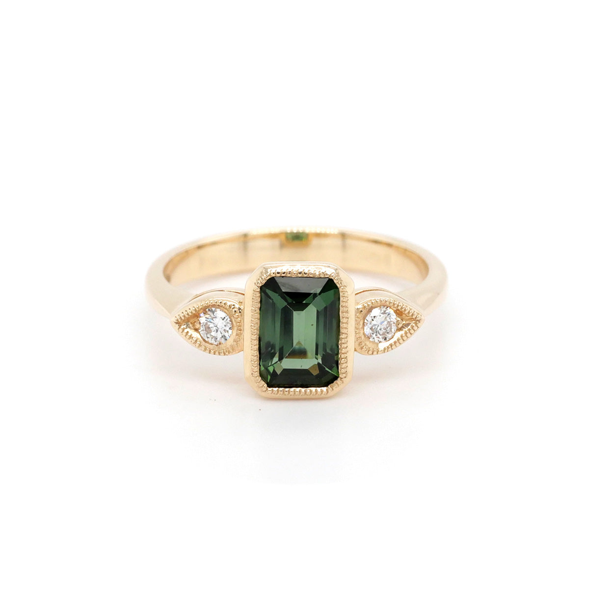9ct Yellow Gold 3 Stone Green Tourmaline & Diamond Ring