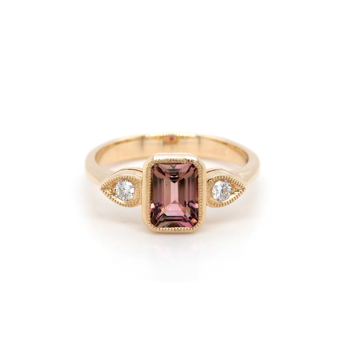 9ct Yellow Gold 3 Stone Pink Tourmaline & Diamond Ring